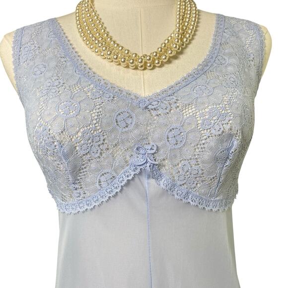 Vintage 70s Italy Periwinkle Blue Crochet Lace Bust Full Slip Dress Women Size M - Picture 3 of 10
